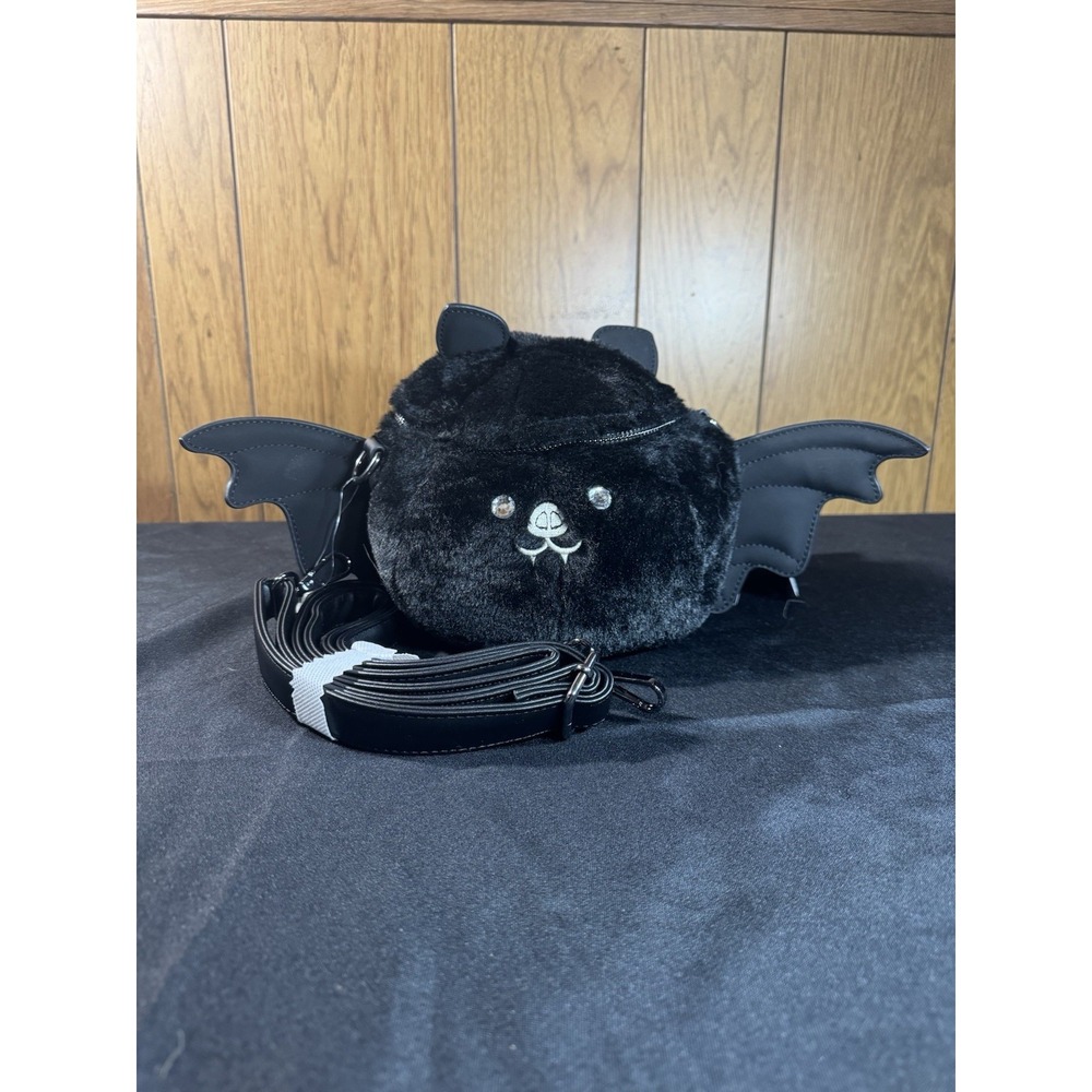 Loungefly Bat Figural Plush Zip Crossbody Bag, Black, NWT